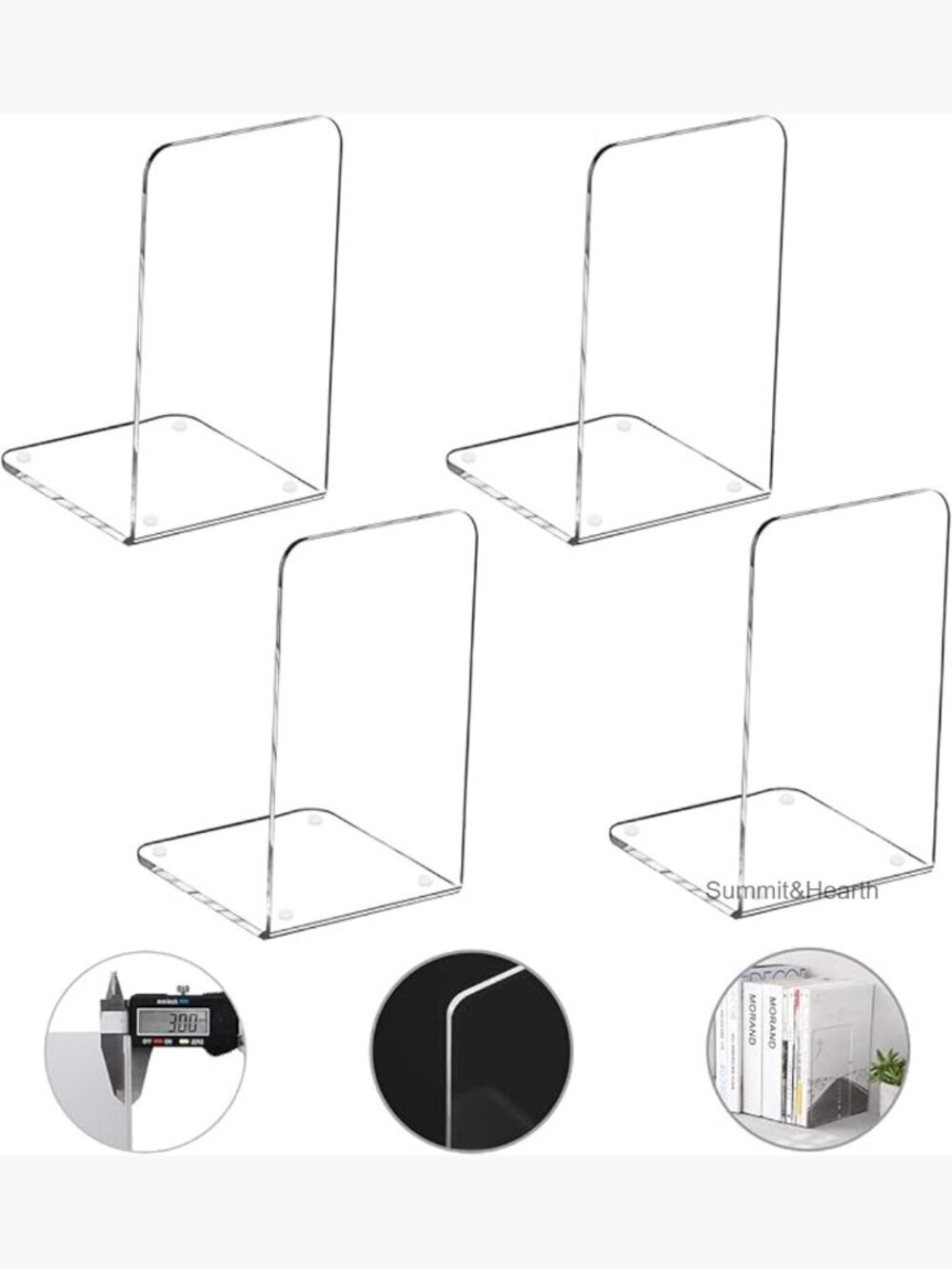 4 Pack Acrylic Bookends for Heavy Books, Clear Non-Skid Dividers